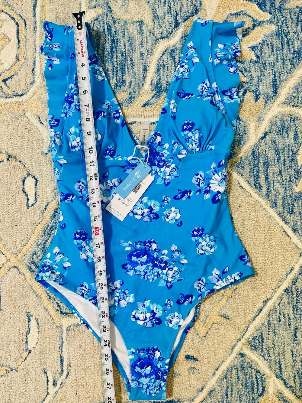 NWT Cupshe 1 Piece SwimSuit L Blue White Floral Swim Beach Vacation Tropical - Picture 5 of 11
